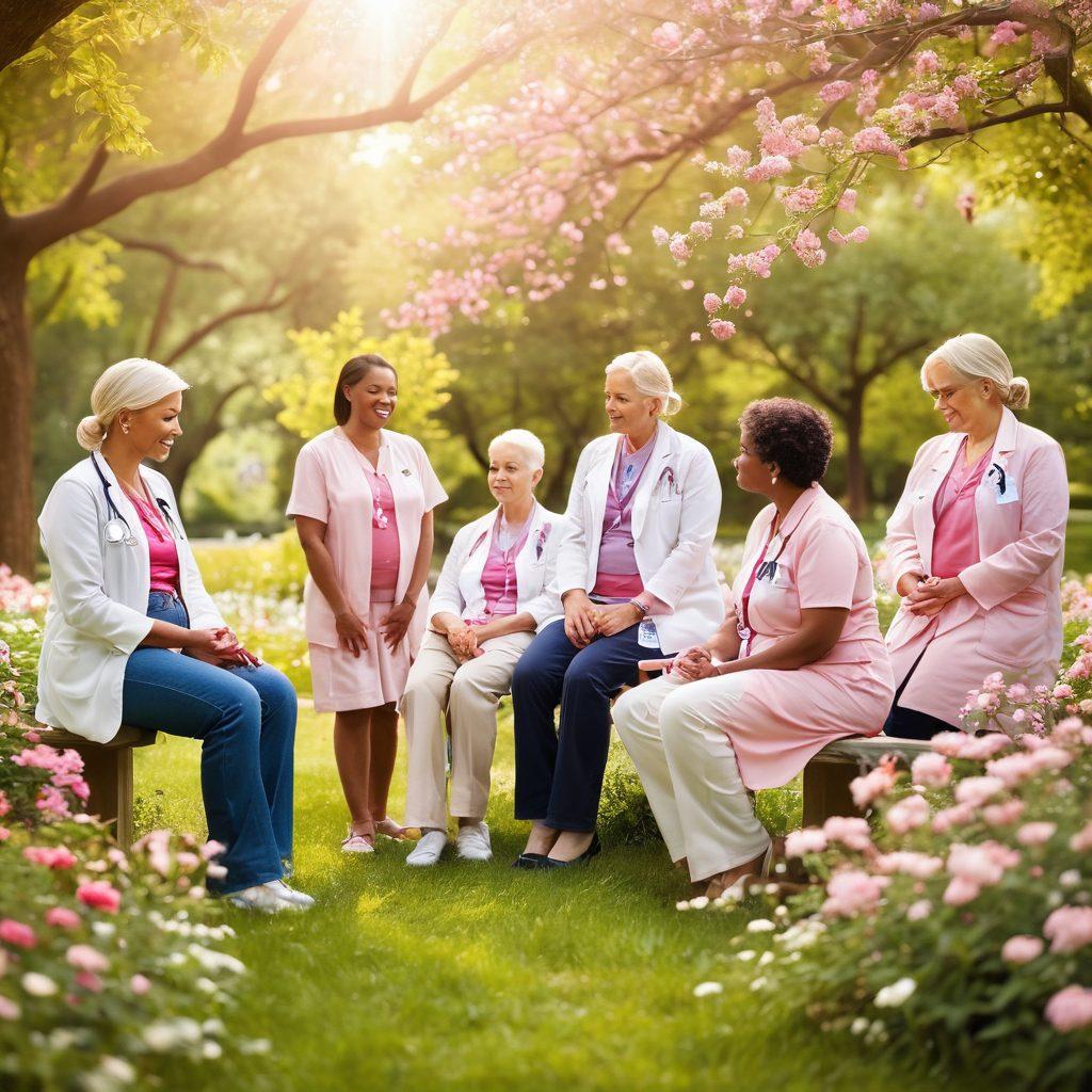 A serene and hopeful scene illustrating a diverse group of cancer survivors sharing stories and support in a sunlit park, surrounded by blooming flowers and butterflies. Symbols of healing, such as a pink ribbon and stethoscope, subtly integrated into the background. Emphasize unity and resilience with warm, inviting colors. soft focus. vibrant colors. nature-inspired.