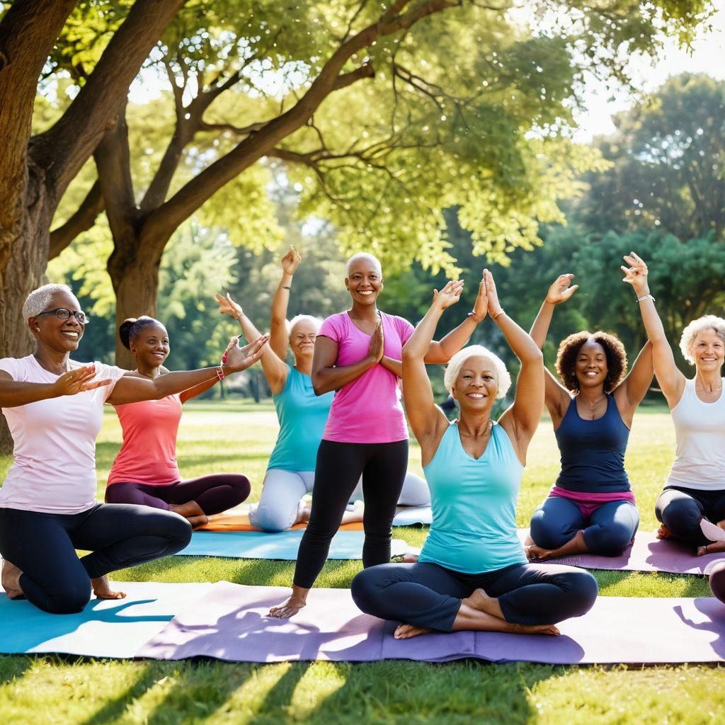 A vibrant, uplifting scene depicting a diverse group of cancer survivors together in a sunlit park, sharing stories and laughter. Include symbols of support, like ribbons and hand-holding, and showcase elements of healthy living like yoga mats, fruits, and flowers around them. The background should have a soft-focus effect of trees and sunlight streaming through, reinforcing a sense of hope and community. super-realistic. vibrant colors. natural setting.